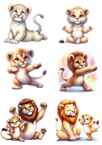 Watercolor Yoga Lion Collage A4 – Mama and Baby Lion Poses Illustration