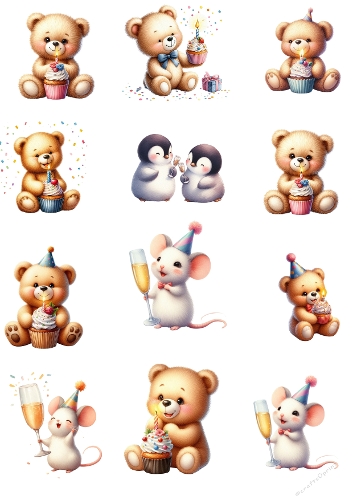 Watercolor Holiday Celebration Collage – 7 Teddy Bears with Cupcakes, 2 Penguins & 3 Adorable Mice with Champagne, A4 JPEG