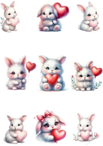 Cute Watercolor Rabbits with Heart Balloons – 9 Adorable Bunnies on White Background, A4 JPEG