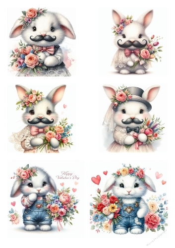 This A4 JPEG collage showcases 6 charming shabby chic watercolor rabbits