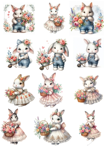 Whimsical Watercolor Bunny Collage – Adorable Spring & Easter Rabbits with Flowers, A4 JPEG