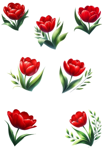 Red Tulip Botanical Illustrations – Set of 7 Elegant Watercolor Flowers, A4