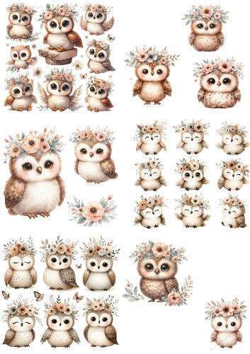 Cute Owl Watercolor Clipart Set – Baby Owls with Floral Crowns, Whimsical Nursery