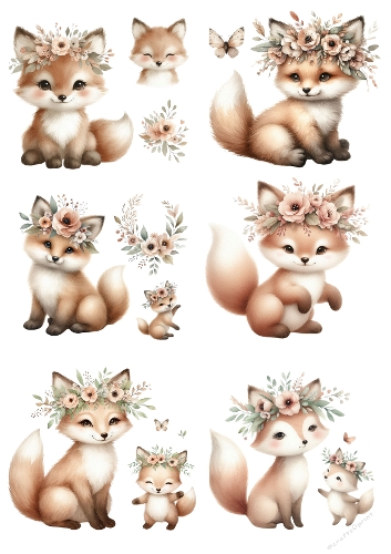 Cute Fox Watercolor Clipart Set – Baby Fox with Floral Crowns, Whimsical Woodland art