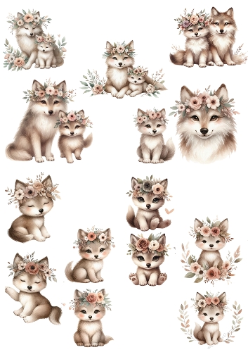 Cute Wolf Watercolor Clipart Set – Baby Wolf with Floral Crowns, Whimsical Woodland