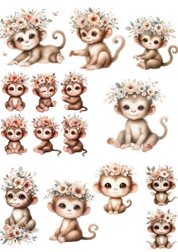 Cute Monkey Watercolor Clipart Set – Baby Monkey with Floral Crowns, Whimsical Nursery Art