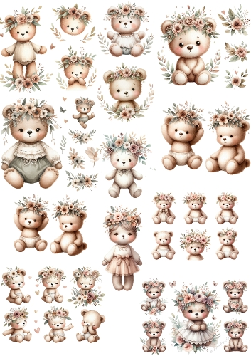 Cute Teddy Bear Watercolor Clipart Set – Baby Bears with Floral Crowns, Whimsical Nursery Art