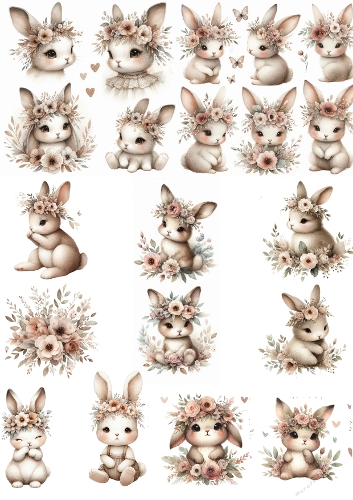 Cute Bunny Watercolor Clipart Set – Baby Rabbits with Floral Crowns, Whimsical Nursery Art