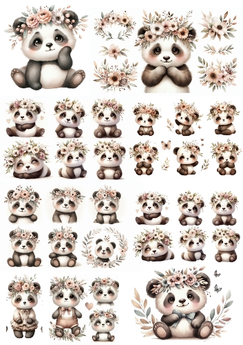 Cute Panda Watercolor Clipart Set – Baby Pandas with Floral Crowns, Whimsical Nursery Art