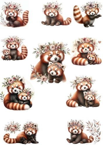 Cute Red Panda Watercolor Clipart Set – Baby Red Pandas with Floral Crowns, Whimsical Nursery Art