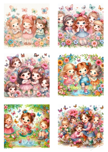 Whimsical Pastel Garden Girls – 6 Adorable Chibi Watercolor Illustrations Sheet