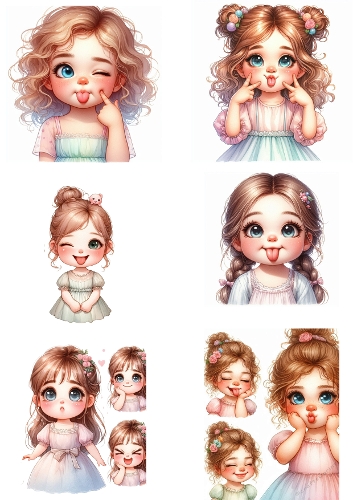 Adorable Cheeky Girls Expressions – 6 Kawaii Chibi Watercolor Craft Illustrations Sheet