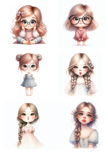 Pastel Doll Girl Portraits Kit - Watercolor A4 JPEG