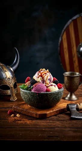 Viking-Themed Rustic Dessert Scene with Ice Cream and Props