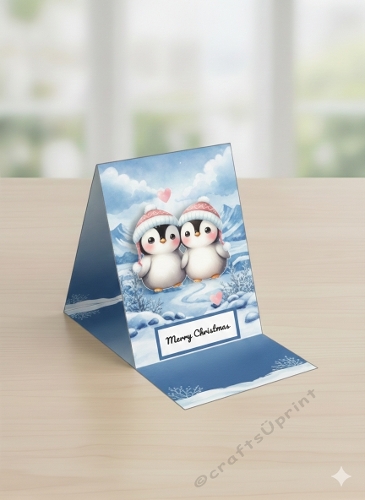 3D Christmas Card with Penguins, Hearts, and Snowy Mountains