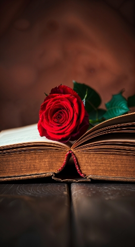 Red Rose on Antique Book Photo with Vintage Bookmark and Romantic Mood