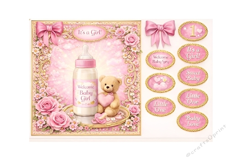 Simple Baby Girl Card – Pink Theme with Decorative Stickers