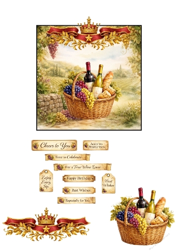 Wine Lover 3D Card Vintage Basket Birthday Celebration