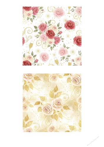Luxury Floral Seamless Watercolor Pattern with Roses, Champagne Glasses and Golden Accents