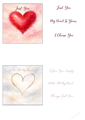 Love Heart Card Kit 2 Cards Simple Flat JPEG A4