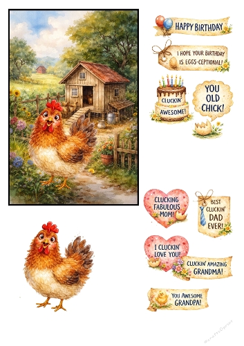 Funny Chicken Birthday Card Kit Simple Flat JPEG A4
