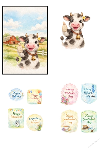 Cute Watercolor Farm Cow Illustration Set with Greeting Cards and Celebration Badges