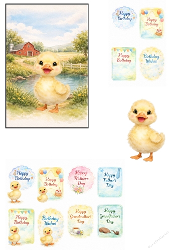 Cute Watercolor Duckling Illustration Set with Greeting Cards and Celebration Badges