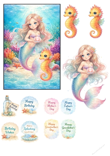 Cute Watercolor Mermaid Illustration Set with Seahorses and Greeting Cards
