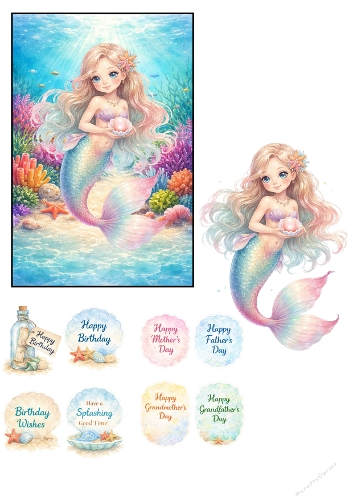 Cute Watercolor Mermaid Illustration Set with Ocean Scene and Celebration Greeting Cards