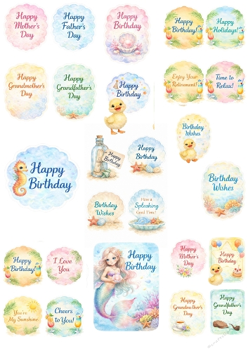 Cute Watercolor Celebration Labels and Greeting Badges Set with Mermaid and Sea Animals