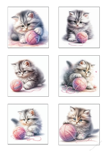 Cute Kittens Playing with Yarn – Set of 6 Printable Card Toppers | A4 JPEG