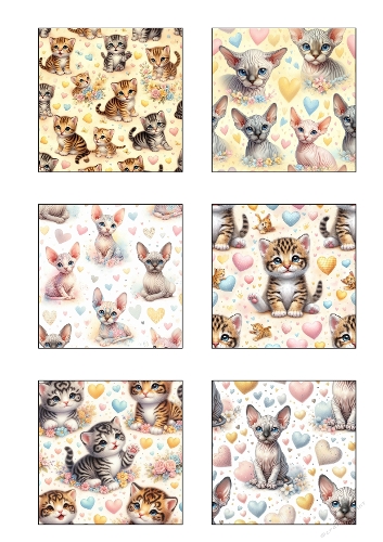 Cute Kittens with Hearts – Set of 6 Printable Patterned Backgrounds | A4 JPEG