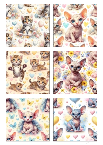 Cute Kittens & Sphynx Cats with Hearts – Set of 6 Printable Background Papers | A4 JPEG