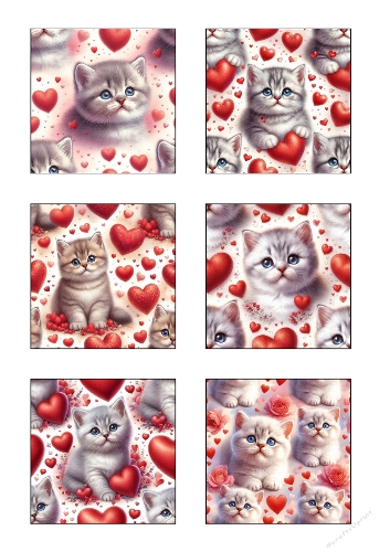Cute Kittens with Hearts – Set of 6 Love-Themed Printable Background Papers | A4 JPEG