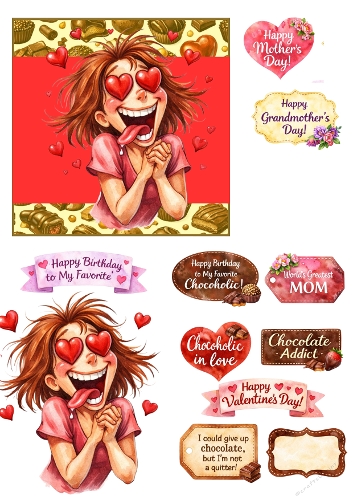 Funny Chocolate Lover Woman – Cute Humorous Printable Card Toppers & Sentiments | A4 JPEG