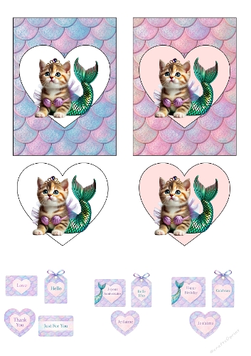 Mermaid Kitten Heart Card Kit – Cute Cat Mermaid Birthday & Valentine Card | A4 JPEG Printable