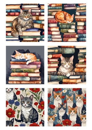 Cats & Books Background Papers – Cozy Library Cat Floral Designs | A4 JPEG Printable Kit