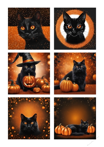Black Cat Halloween Background Papers – Spooky Autumn Cat Designs | A4 JPEG Printable Kit
