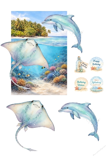 Ocean Birthday Card with Dolphin and Stingray – Watercolor Sea Life Design
