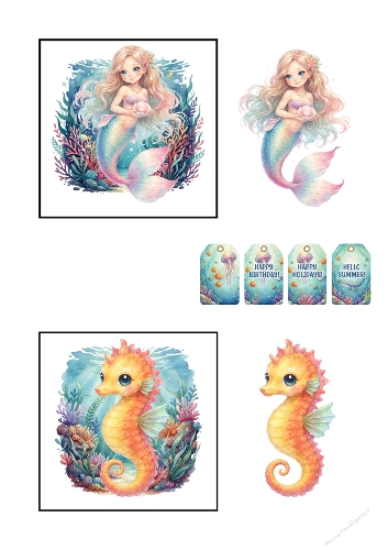 Cute Mermaid and Seahorse Under the Sea Birthday Card Set