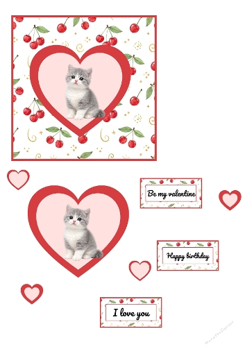 Cute Valentine Kitten Card Set – Cherry Heart Love Printable Design