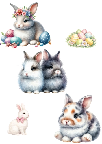 Cute Easter Bunny Clipart Set – Floral Rabbits and Pastel Eggs Illustration