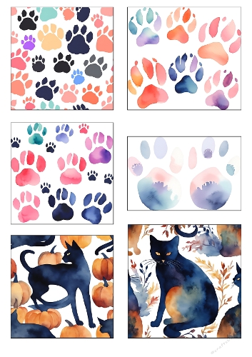 Cute Pet Paw Prints and Black Cat Autumn Backgrounds – Seamless Animal Patterns Set