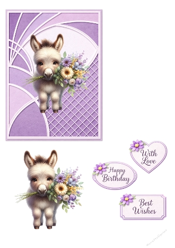 Cute Baby Donkey Floral Clipart Set – Lavender Greeting Card Elements