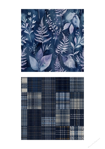 Blue Botanical Watercolor & Navy Patchwork Plaid Backgrounds – 2 Seamless Patterns
