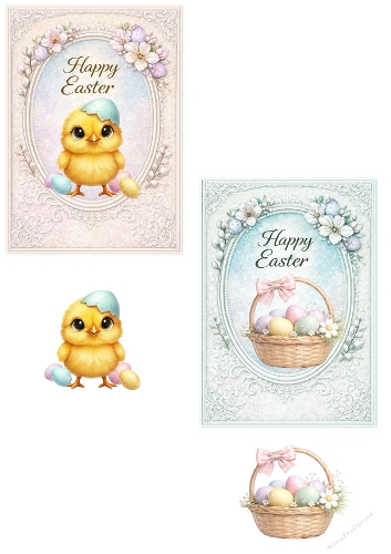 Vintage Easter Card Set with Cute Chick and Easter Basket – Pastel Spring Illustration