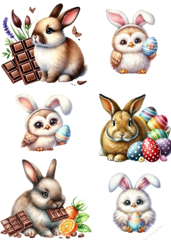 Cute Easter Animals Clipart Set – Bunny and Owl with Chocolate and Easter Eggs