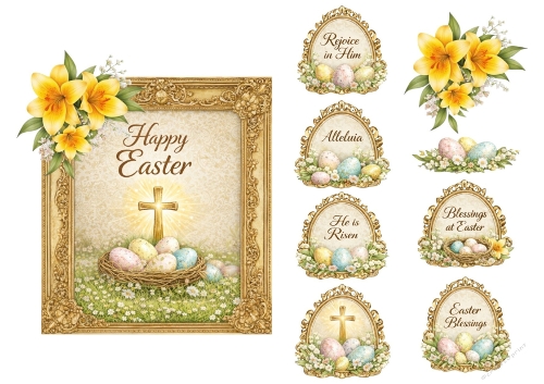 Christian Easter Clipart Set with Cross and Easter Eggs – Religious Spring Illustrations