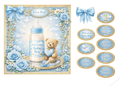 Baby Boy Card Kit – Blue Floral Frame, Teddy Bear and Bottle 3D Card Elements