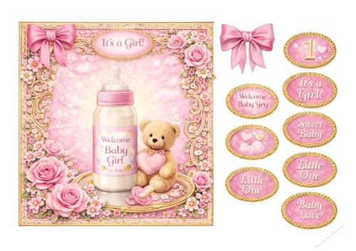 Baby Girl Card Kit – Pink Floral Frame, Teddy Bear and Bottle 3D Card Elements